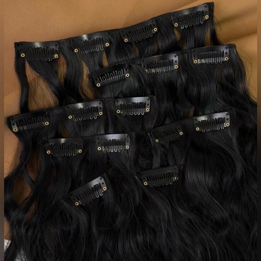 22” Black Curly  Clip-In Hair Extensions Human Hair Blend Full Set with‎ Clips